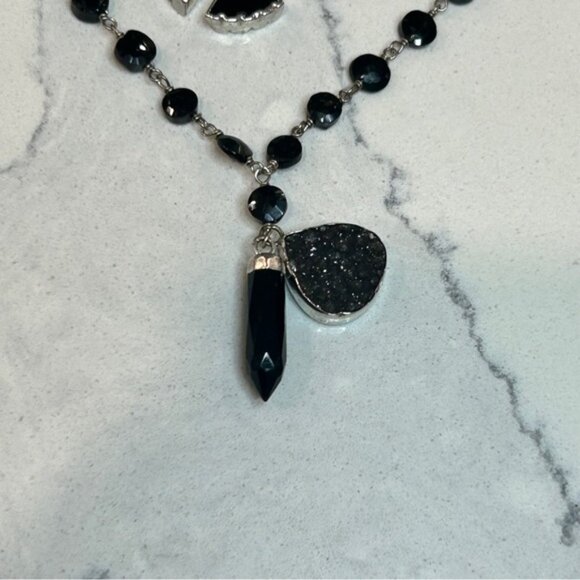 Whimsigoth Sterling Silver  Obsidian Bead Double Chain With Pendants Necklace - Picture 5 of 11